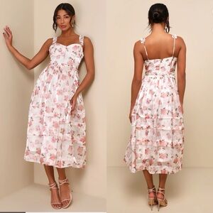 NWT Lulus Sincerely Enchanting Ivory Floral Print Organza Midi Dress